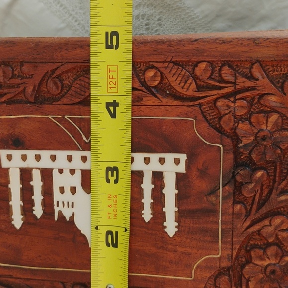 Vintage Archana Wood Jewelry Trinket Box Carved Designs Inlay Taj Mahal on Lid - Picture 10 of 11